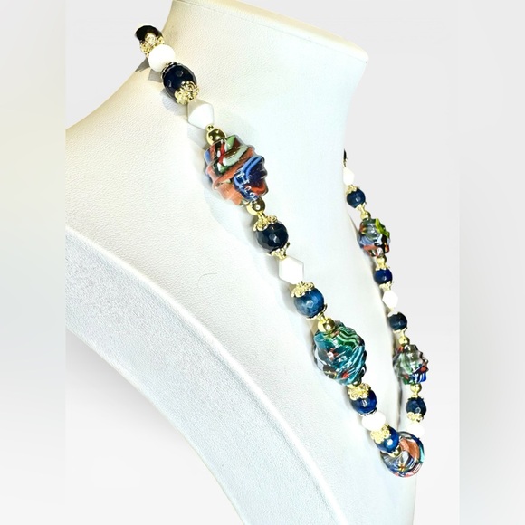 ARTISAN Murano Glass Millefiori, Blue Tiger’s Eye & Vintage Milkglass Necklace - Picture 7 of 16